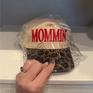 Beige and Leopard Print Cap with Red 'MOMMIN' Embroidery